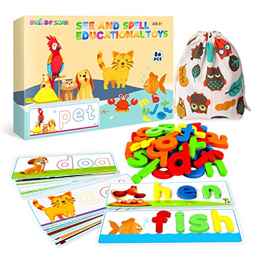 SpringFlower See & Spell Matching Letter Toy,Learning Educational Toy For 3 4 5 6 Years Old Boys And Girls,Preschool Learning Activities,Shape & Color Recognition Game,Cvc Word Builders For Kids,80Pcs