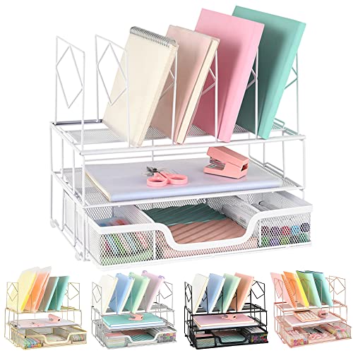 Youbetia Desk Organizers - File Organizer for Office Supplies, Desk Accessories with File Folder Racks & Holders, Double Tray and 5 Upright Sections, White